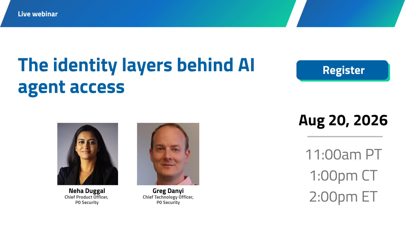 The identity layers behind AI agent access webinar tile with headshot of Greg Danyi and Neha Duggal
